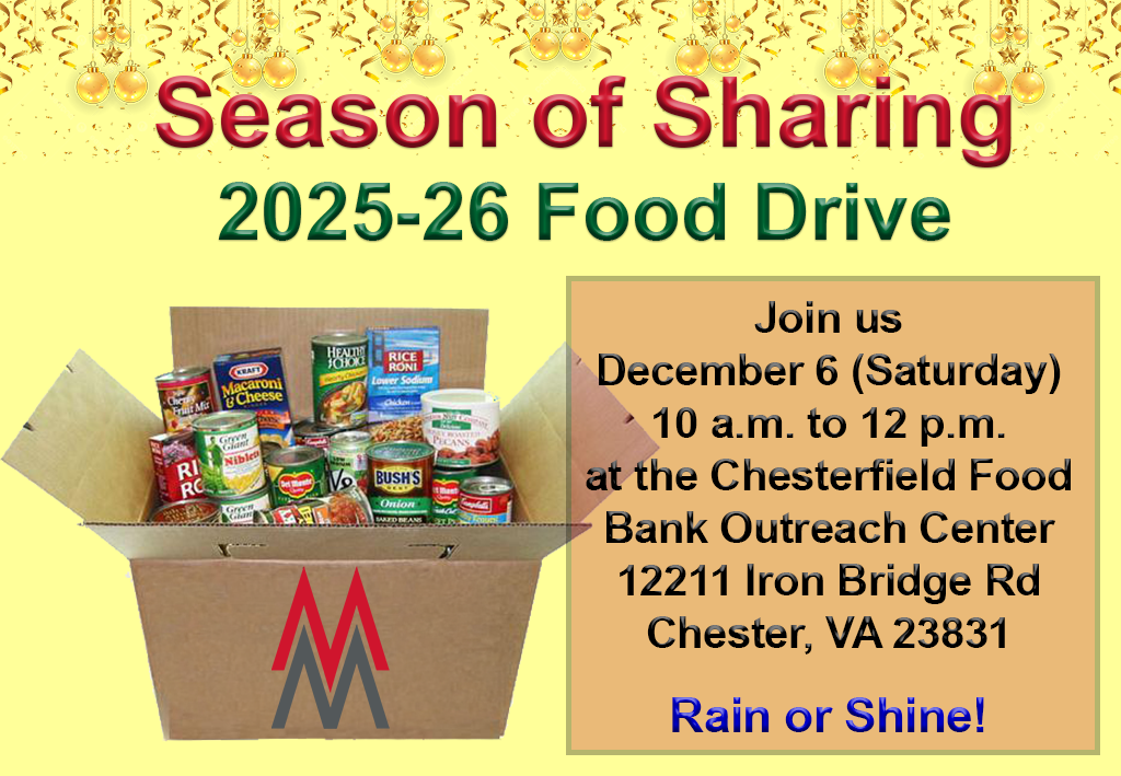 Season of Sharing 2025-26 Food Drive graphic with yellow background, a box of canned goods and text "Join us December 6 (Saturday) 10 am to 12 pm at the Chesterfield Food Bank Outreach Center 1211 Iron Bridge Road Chester VA 23831"