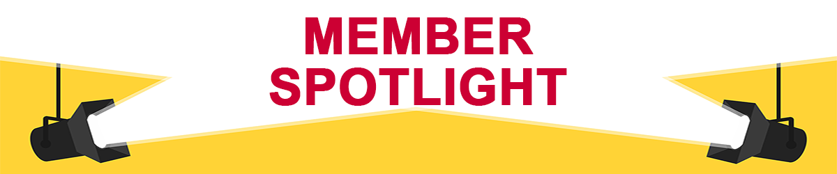 Yellow and white graphic with two spotlights and text Member Spotlight