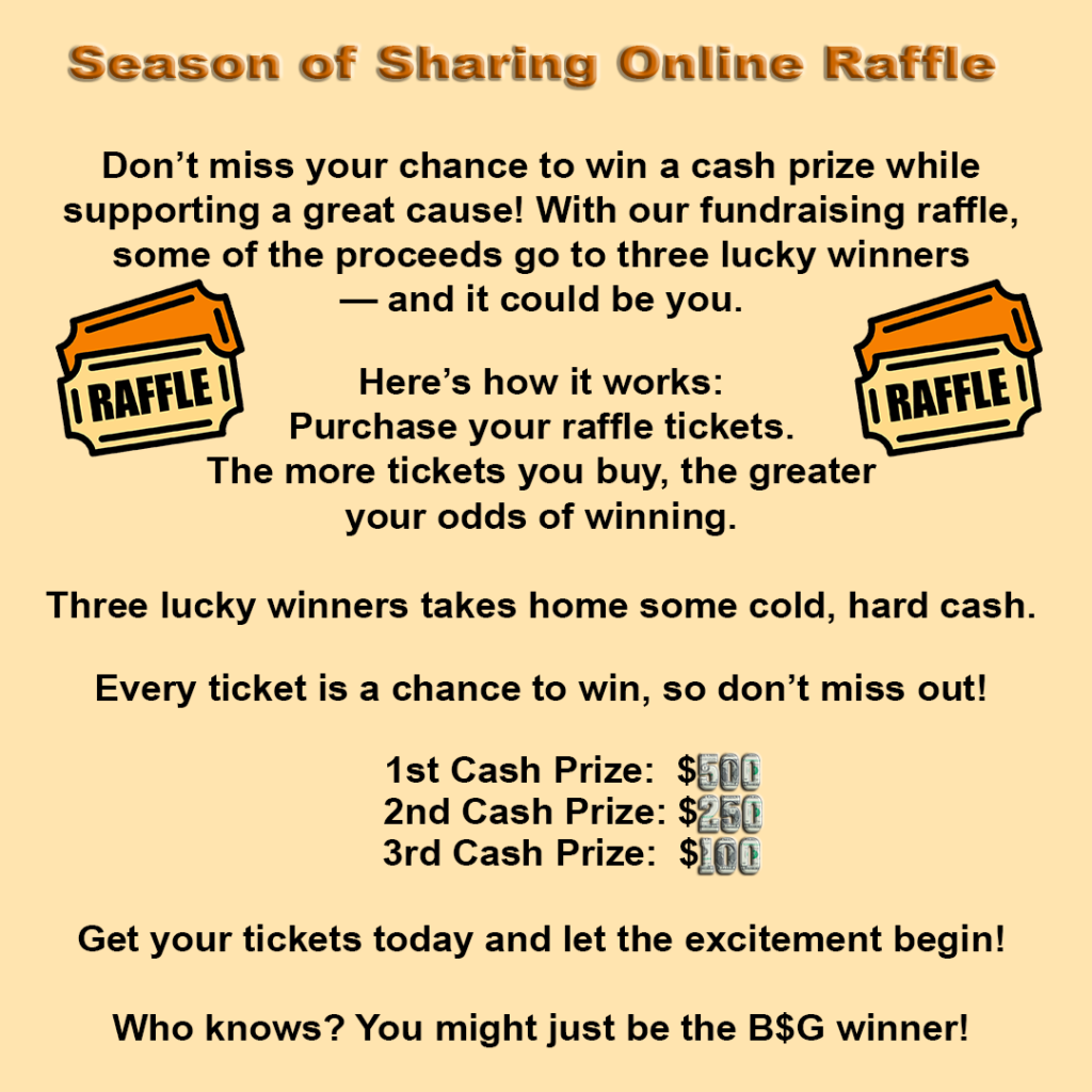 Colorful graphic with details on how to participate in the online raffle
